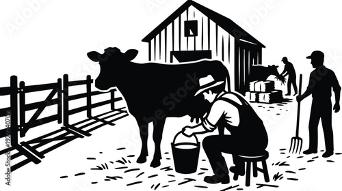 Silhouette vector vintage farm scene close up farmer milking cow on stool by wooden barn with helper pitchfork morning light