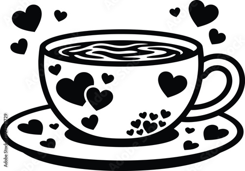 Minimalist line art close up heart decorated teacup on saucer with floating hearts and swirling tea looking at camera romantic
