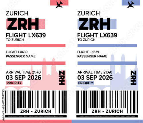 ZRH, Zurich, Switzerland luggage label, boarding pass template. Vector minimalist illustration with airport code, city destination, flight info. Flat, modern image layout
