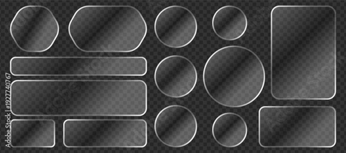 Liquid glass button interface, light frame banner set, futuristic tech board frame collection, mobile app glass panels light PNG, glow effect vector banners.