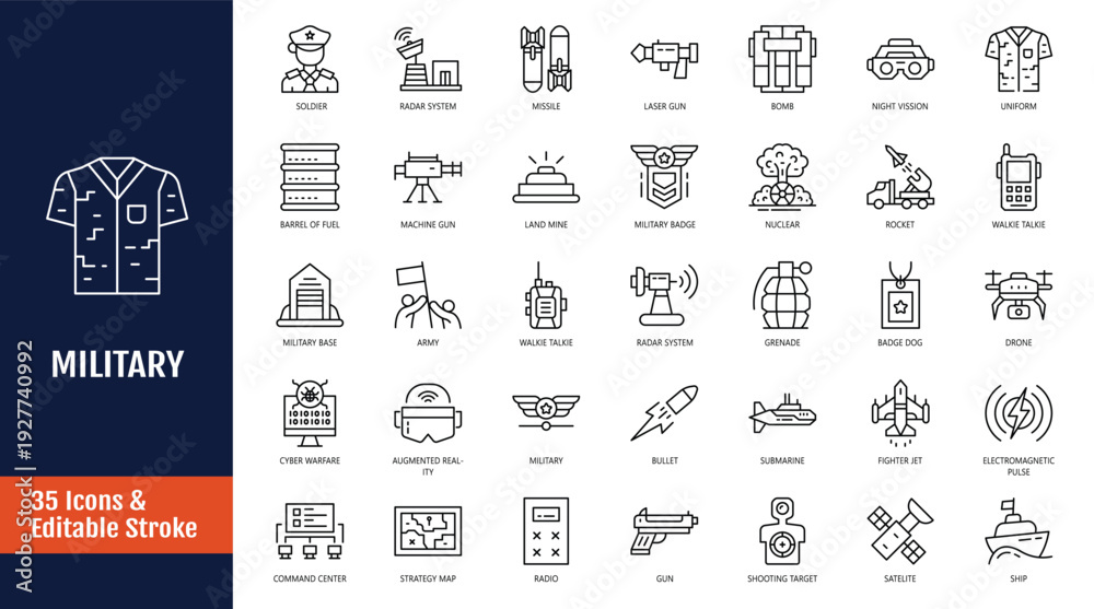 Fototapeta premium military icon set. Icons related to army, weapons, explosions, peace, conflict and more. Outline icon with Editable stroke. Vector illustration