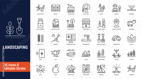 Landscaping icon set. Outline icon with Editable stroke. Vector illustration 
