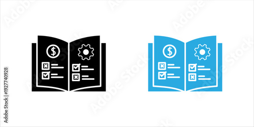 Minimalist line icon set. illustration of an open book with financial symbol and checklist elements, suitable for education, accounting, business planning, and documentation concepts.