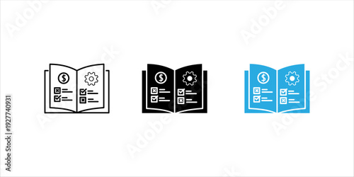 Minimalist line icon set. illustration of an open book with financial symbol and checklist elements, suitable for education, accounting, business planning, and documentation concepts.