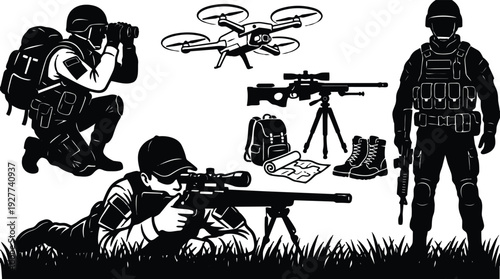 Silhouette vector tactical scene close up sniper prone aiming with scope drone overhead kneeling observer and standing rifleman backpack map