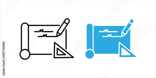 Black and white outline icon set. of signed document with pen and triangle ruler. Contract agreement, legal documentation, project planning and business deal concept.