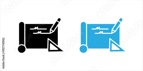 Black and white outline icon set. of signed document with pen and triangle ruler. Contract agreement, legal documentation, project planning and business deal concept.