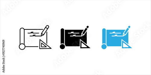 Black and white outline icon set. of signed document with pen and triangle ruler. Contract agreement, legal documentation, project planning and business deal concept.