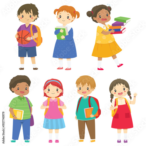 School kids character vector illustration set. Back to school, school children in educational concept.