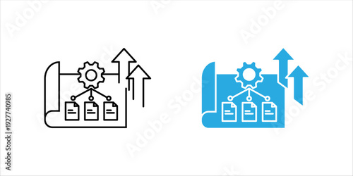 Outline icon set. showing report scroll with gear, tags and upward arrows. Financial management, business process automation, accounting workflow and economic growth concept.