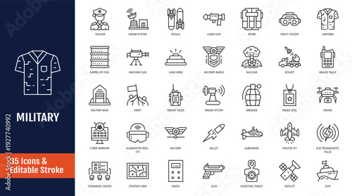 military icon set. Icons related to army, weapons, explosions, peace, conflict and more. Outline icon with Editable stroke. Vector illustration