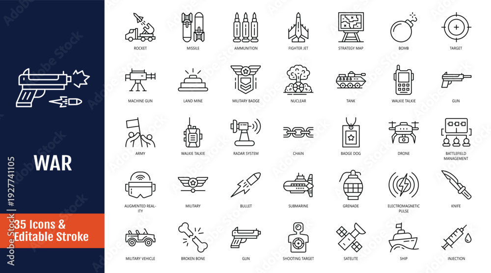 Fototapeta premium War military icon set. Icons related to army, weapons, explosions, peace, conflict and more. Outline icon with Editable stroke. Vector illustration