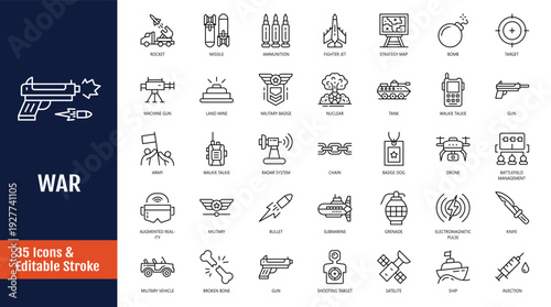 War military icon set. Icons related to army, weapons, explosions, peace, conflict and more. Outline icon with Editable stroke. Vector illustration