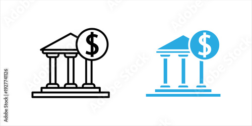 Minimal black and white line icon set. of a bank building with a dollar symbol. Financial institution, banking service, investment and money management concept isolated on gray background.