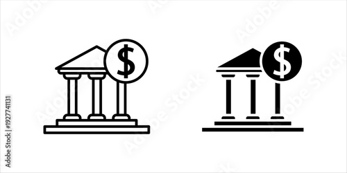 Minimal black and white line icon set. of a bank building with a dollar symbol. Financial institution, banking service, investment and money management concept isolated on gray background.