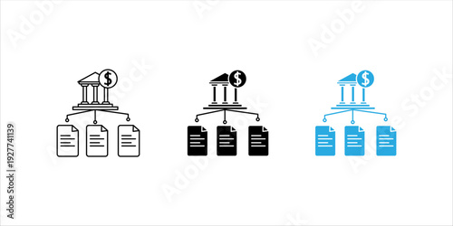 Black outline icon set. showing bank building connected to multiple documents. Financial administration, document management, banking system and corporate structure concept.