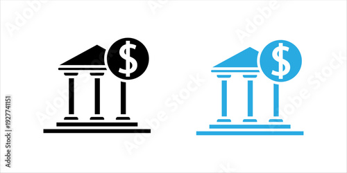 Minimal black and white line icon set. of a bank building with a dollar symbol. Financial institution, banking service, investment and money management concept isolated on gray background.