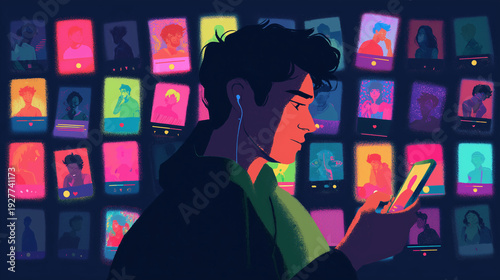 Young man using smartphone late at night illustrating social media addiction digital lifestyle and modern online communication habits concept