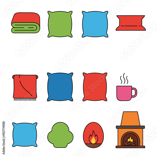 Cozy Home Essentials Collection with Pillows, Blankets, and Fireplace.