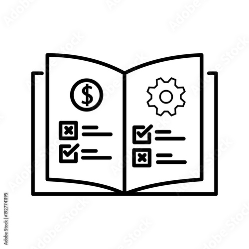 Minimalist line icon illustration of an open book with financial symbol and checklist elements, suitable for education, accounting, business planning, and documentation concepts.