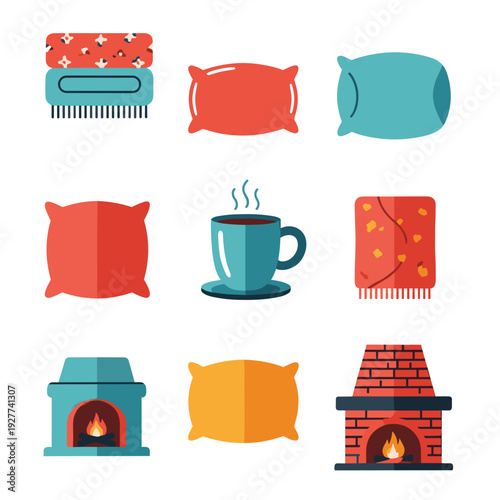 Cozy Home Essentials Collection with Pillows, Blankets, and Fireplaces.