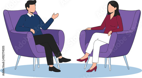 Business consultation meeting with man and woman in armchairs professional communication discussion flat vector illustration
