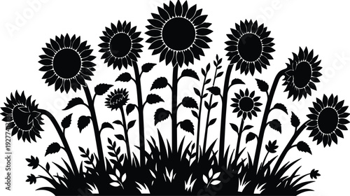 Flat design sunflower silhouette of tall sunflowers in grass side view varying heads and leaning stems under bright mood cheerful