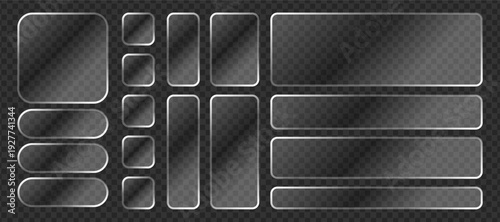 Liquid glass button interface, light frame banner set, glass panel PNG banners glow effect, tech board frames mobile web, futuristic light vector set.
