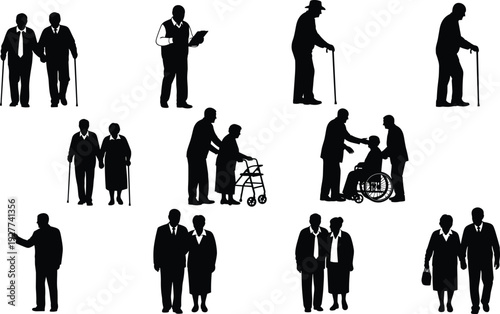 Senior people silhouettes collection featuring elderly couples walking, individuals with walking sticks, and a person in a wheelchair, representing aged care.