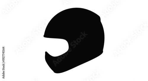 A stark silhouette of a black full face motorcycle helmet on white