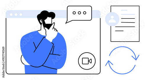 Remote communication, digital meetings, user interaction, creative brainstorming, virtual workspace, online chatting. A person thinking inside a digital interface. Remote communication and digital