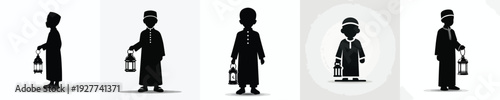 silhouette vector of a Muslim little boy standing holding a Ramadan lantern