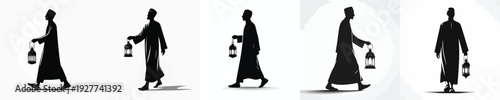 silhouette vector of a Muslim man walking holding a Ramadan lantern
