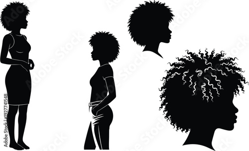 Black woman silhouette set with afro hair, profile view of female figures, natural curly hairstyle, diverse lady avatars for graphic design.