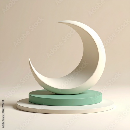 Minimalist Crescent Moon Stage with Geometric Pedestals.