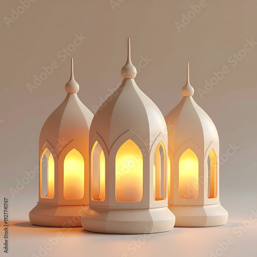 Three Islamic Lanterns Glowing Warmly on a Neutral Background.