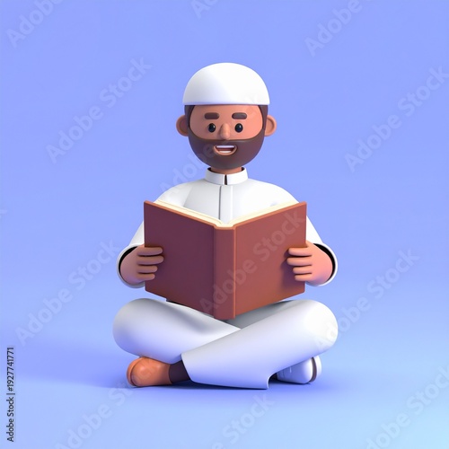 3D Muslim Man Wearing White Thobe and Kufi Reading Holy Book.