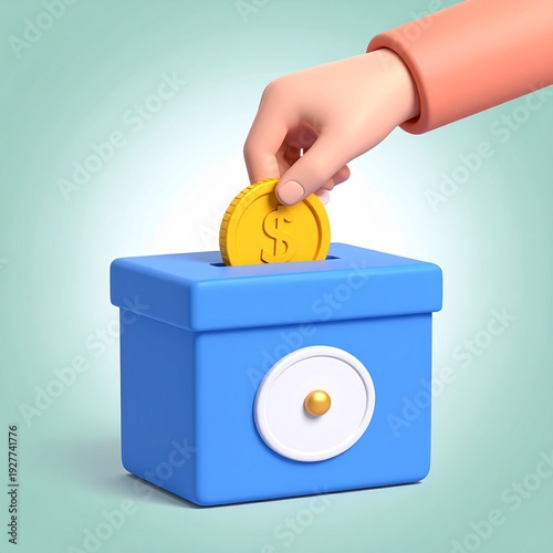 3D Illustration of Hand Depositing Coin into Blue Donation Box.
