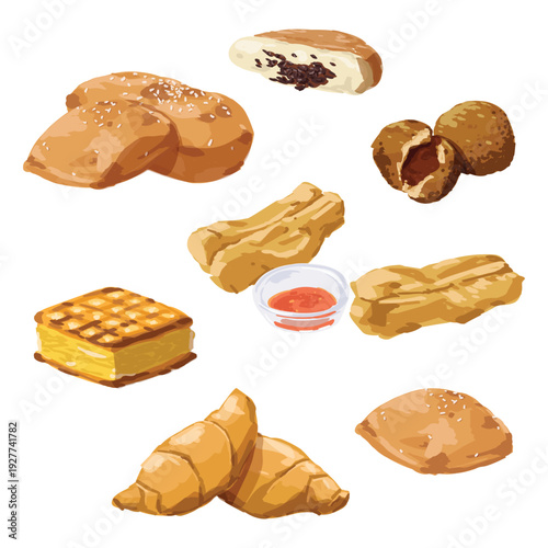 Set of Indonesian traditional street food snacks including Cakwe, Bolang Baling, and Onde-Onde. High-quality hand-drawn illustration for culinary menus and food blogs.