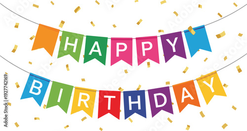 Colorful Happy Birthday bunting banner with hanging flags and golden confetti festive party celebration background vector