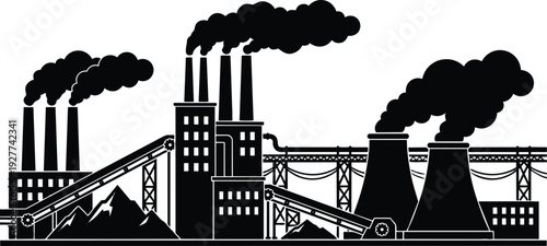 Industrial vector showing coal plant chimneys and cooling towers emitting thick smoke with conveyor belt and coal piles in profile