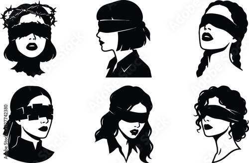 Silhouette vector set of six blindfolded women faces shown in varied profiles with crown thorns braid straight gaze minimalist portrait