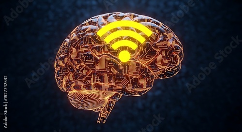 Stylized human brain with glowing circuit board patterns and Wi-Fi symbol, representing AI and connectivity