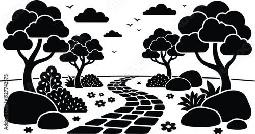 Silhouette vector flat design winding cobblestone path through trees rocks bushes under cloudy sky with flying birds in foreground composition
