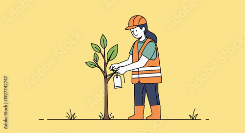 Cartoon illustration of a person watering a tree in a sunny garden, orange hard hat and boots, vibrant yellow background, close‑up view