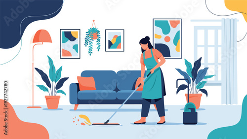 Diligent woman wearing an apron uses a mop to clean the floor of her stylish living room which features a blue sofa and many indoor plants.