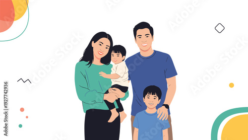 Portrait of a happy young family with a father, mother, and two little sons smiling together against a simple white background.