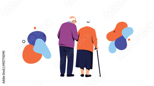 Senior man and woman walking slowly together with a cane while supporting each other against a white background with abstract shapes.