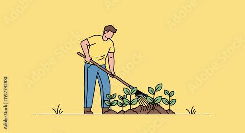 Cartoon Man Digging with Shovel in Green Garden Dirt Patch, Yellow Background, Front View