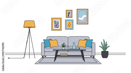Minimalist and modern living room interior design featuring a grey sofa, coffee table, stylish floor lamp, and framed wall art.